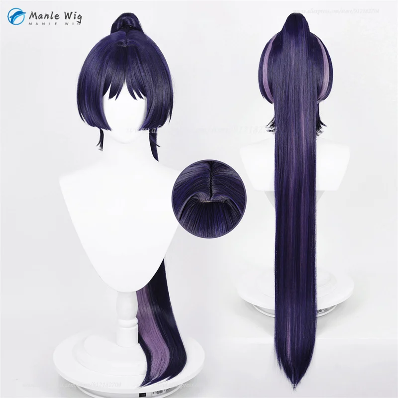 Kunikuzushi Cosplay Peruca, Scaramouche, Azul, Preto, Destaque, Roxo, Resistente ao Calor, Perucas de Halloween Plus Wig Cap