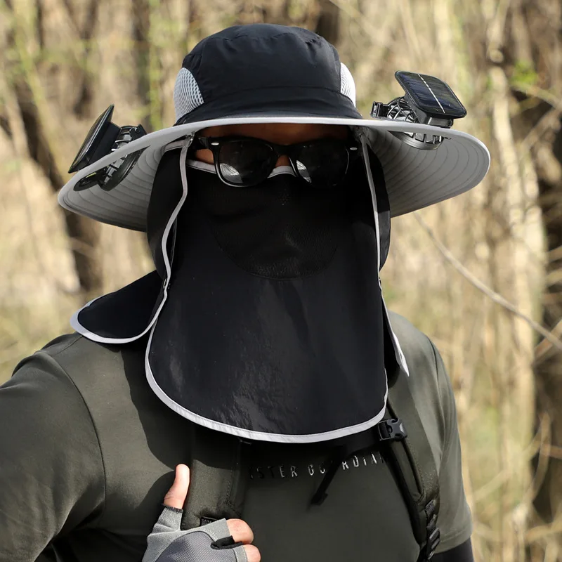 Sombrero de pescador con ventilador Solar para hombre, gorro de pesca de secado rápido, con ala grande, silencioso y recargable