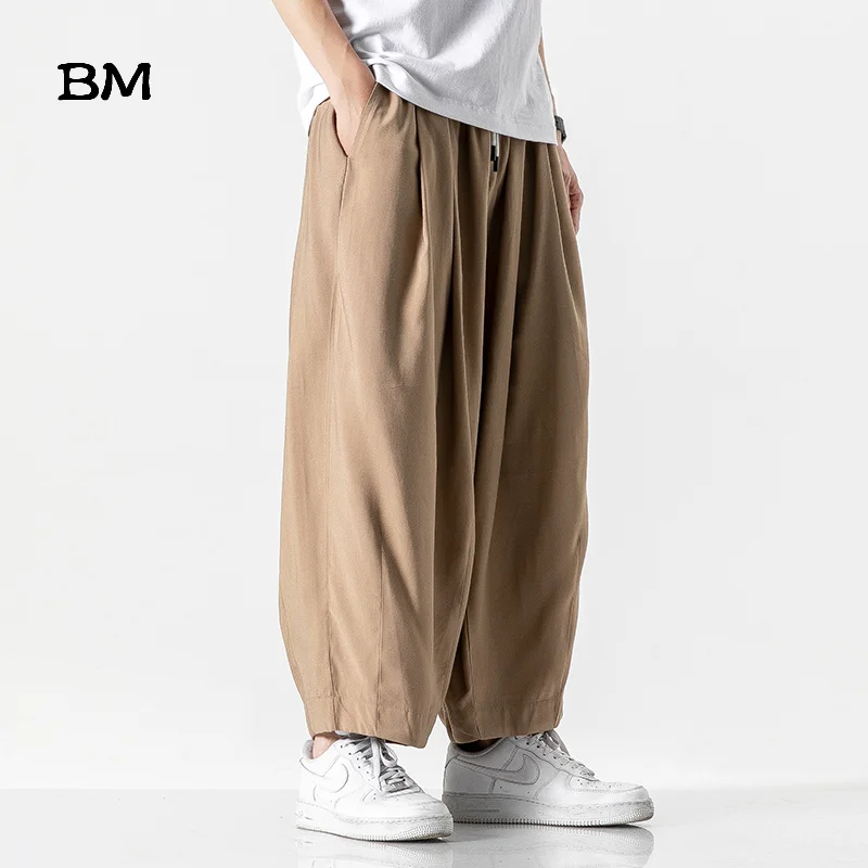 Summer Linen Pants Wide Legs Male Chinese Style Wide Leg Pants Fashion Plus Size Bloomers 5XL Casual Nine Point Pants Men