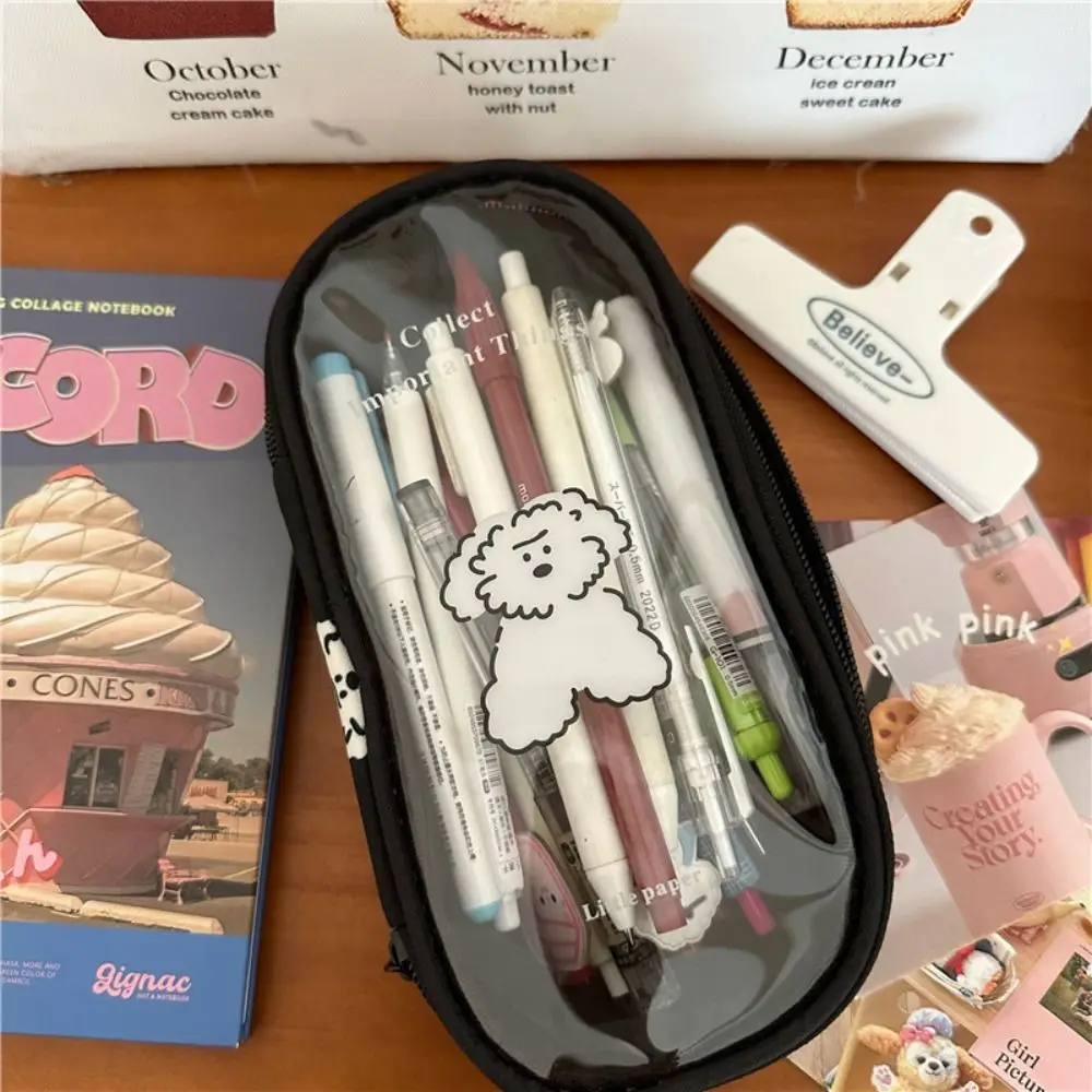 Bolsa de lápices con cremallera de perro cachorro de dibujos animados, bolsa de almacenamiento transparente multifunción, estuche de papelería de