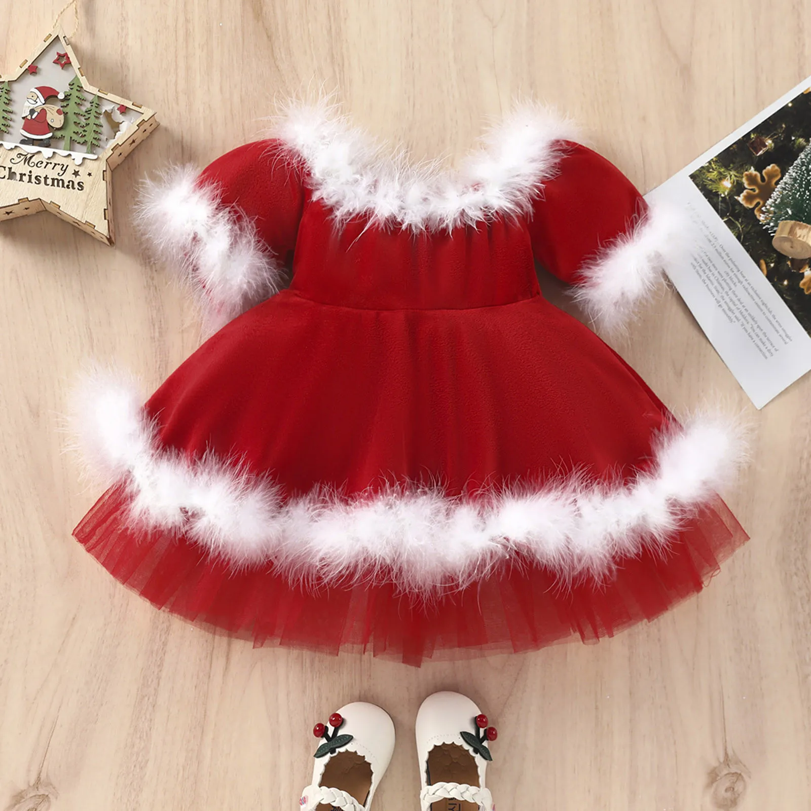 1-7 Years Christmas Toddler Dress Baby Kids Girls Off Shoulder Fleece Long Sleeves Dress Xmas Outfits Children Tulle Vestidos