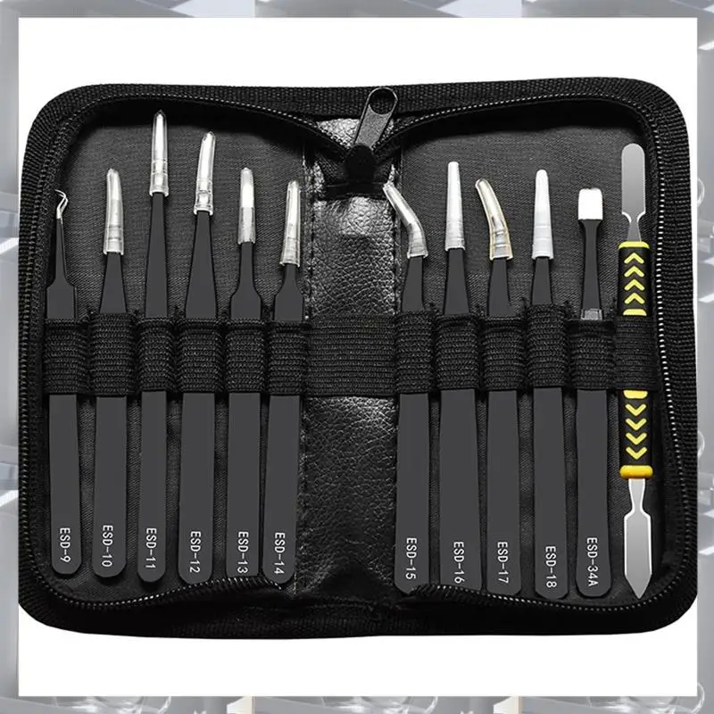 

Anti-Static 12Pcs/Set Curved Straight Tweezers ESD Tweezers Stainless Steel Industrial Repair Tools