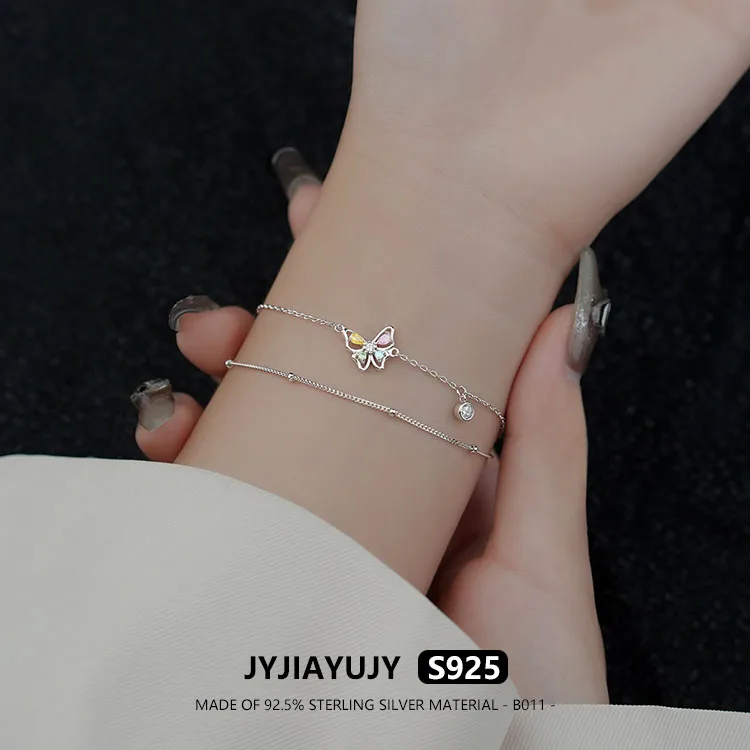 JYJIAYUJY 100% Sterling Silver S925 Bracelet Butterfly Colorful Zircon Double Layer Design Rhodium Jewelry Gift Daily B011