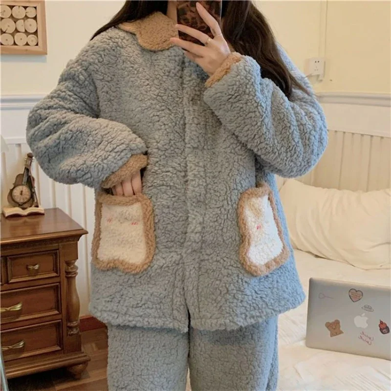 

Thickening Type Can Be Worn Outside Coral Fleece New Style Sweet Cute Pupil Loungewear Set Tide Pajamas Female in The Winter