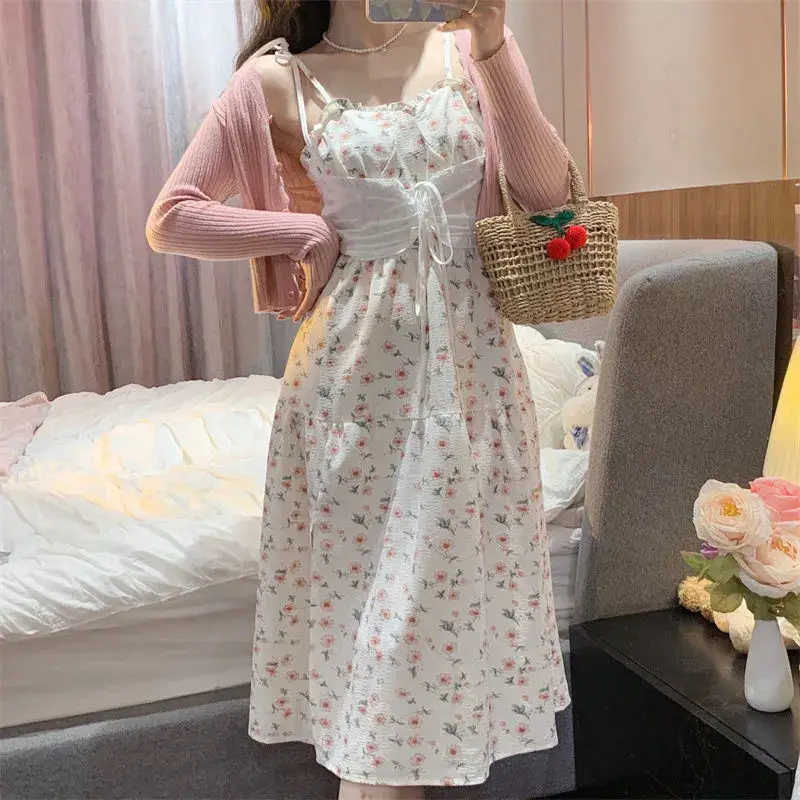 Flower Graphic Sling Long Dress Women White Harajuku Kawaii Fairycore Cute Casual Dress Y2k Aesthetic Alt Clothes Korean Fashion