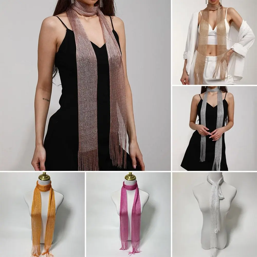 New Nightclub Sunscreen Shawl Bright Silk Gold Silver Shiny Necklace Party For Women Lace Tassel Evening Dress Scarf