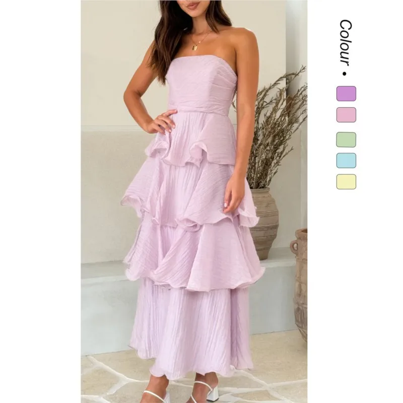 

Sexy Backless Party Cake Dress Women Fashion Elegant Solid Color Multi-layered Hem Banquet Dresses Vacation Sleeveless Vestidos