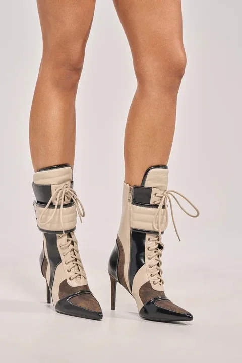2026 Sexy Women's pointy toe lace up mixed colors motor boots leather pointy toe  zipper booties luxury designer party shoes 47