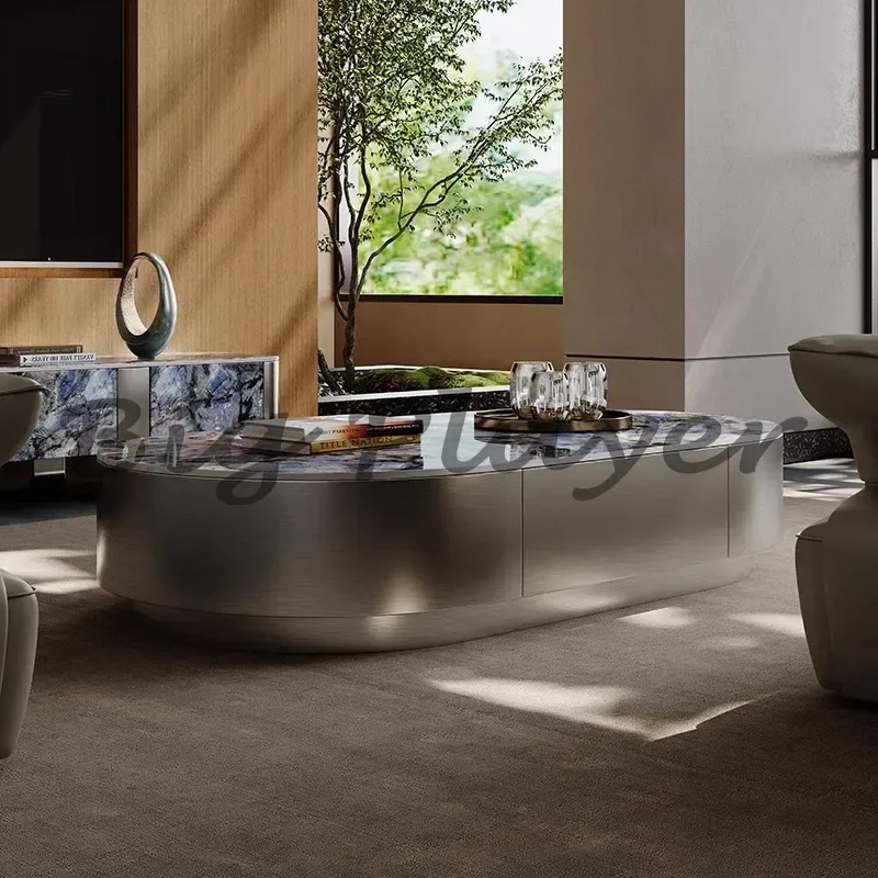Italian Light Luxury Oval Rock Slab Coffee Table Living Room Home 2024 New Modern Simple High-end Design Tea