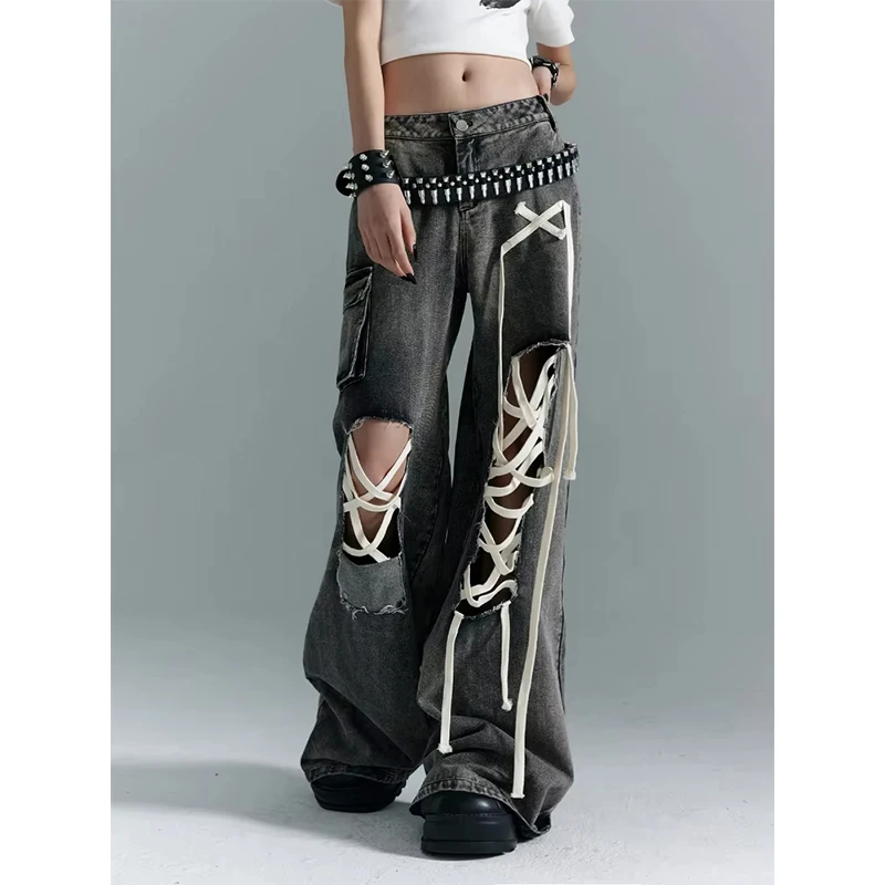 MEXZT Y2K Cargo Jeans Women Harajuku Ripped Bandage Wide Leg Denim Pants Summer Streetwear Grunge Gothic Baggy Hole Trousers New