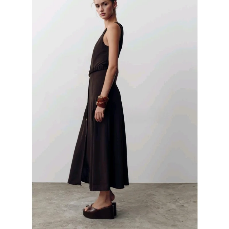 Été nouveauté femmes trajet Sle bouton décoré ceinturé col carré ter Midi Dr taille haute a-ligne jupe