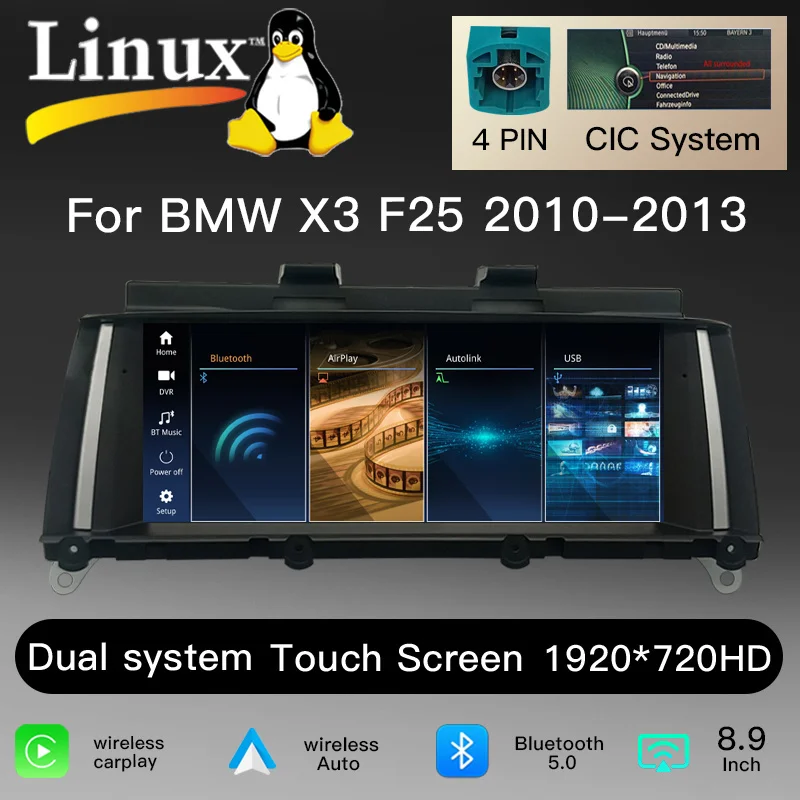 8,9" 1920*720 8+128GB Snapdragon 6125 Draadloze CarPlay Android 14 Autoradio voor BMW X3 F25 X4 F26 2010-2017 CIC NBT Scherm GPS Navigatie Auto Multimedia Speler Stereo DSP WiFi 4G Head Unit
