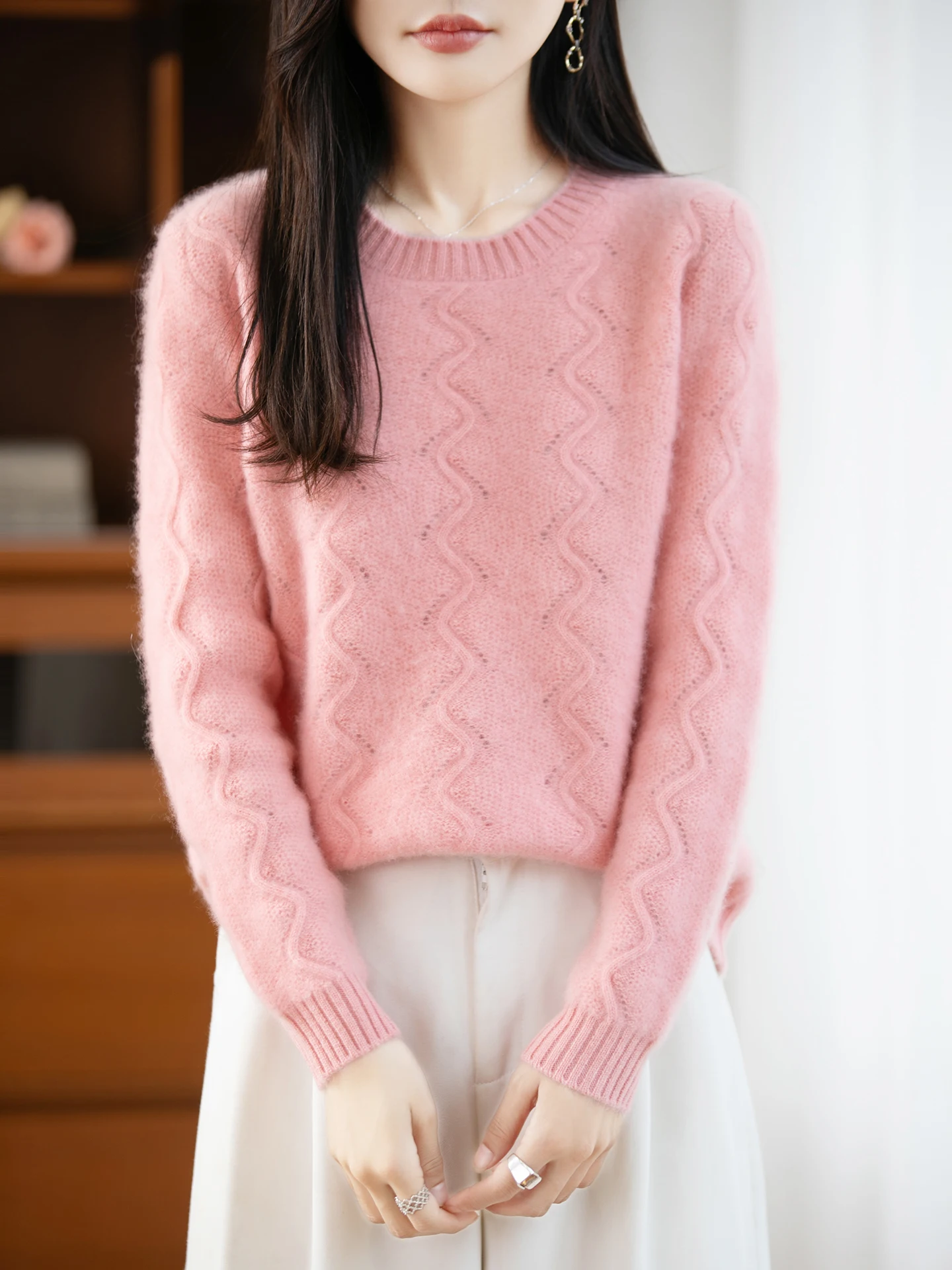 100% Merinowolle Frauen Modische Pullover Oansatz Einfarbig Welligkeit Muster Stricken Dicke Top Herbst Winter Casual Kleidung