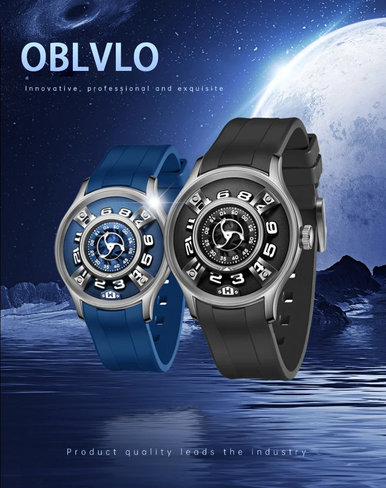 OBLVLO Creative Circular Dial Analog Automatic Watch for Men Luminous Waterproof Blue Silicone Strap Mechanical Watches BLM-2