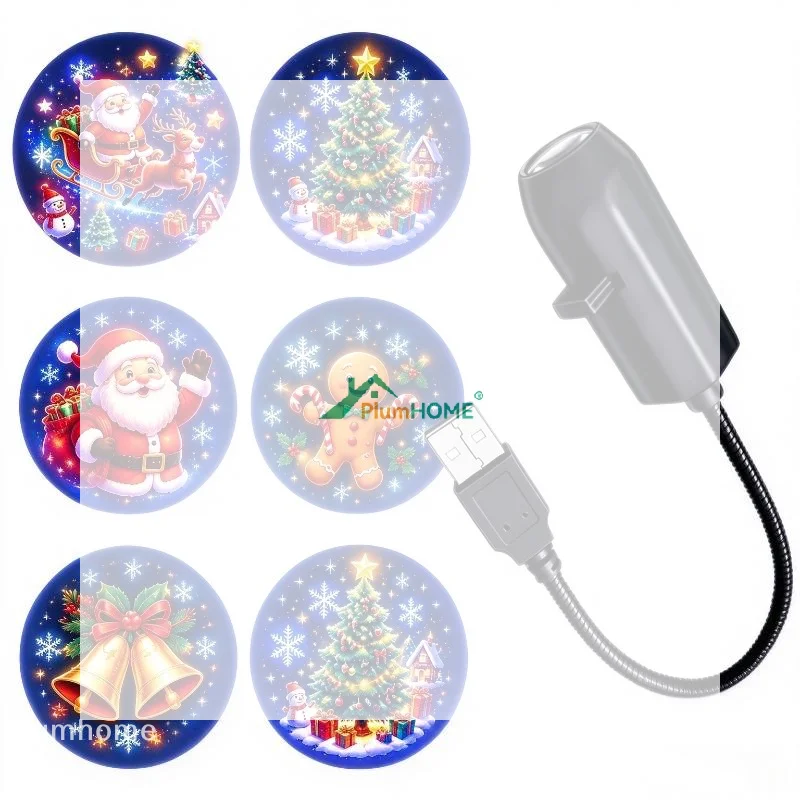 USB Christmas Projection Lamp 6 Xmas Patterns Flexible Gooseneck Projector Light Holiday Home Wall Decor