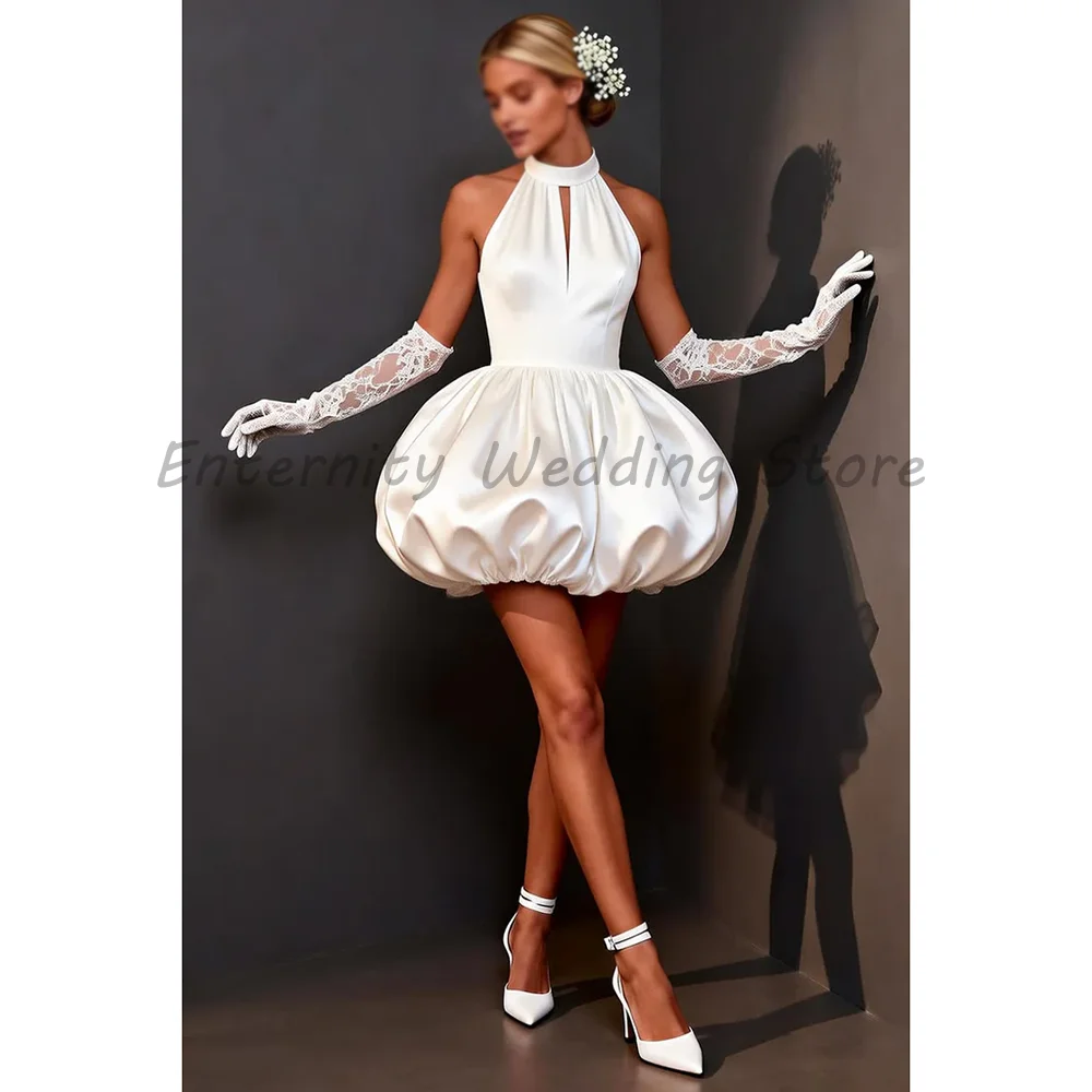 White Satin Mini Wedding Dress Halter Keyhole Puff Bubble Skirt Short Reception Bridal Gown Simple Elopement Party Dress