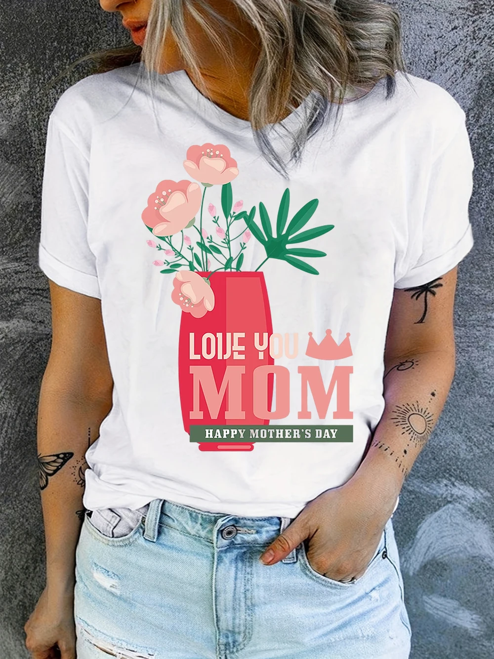 Boho Floral Mother's Day T-Shirt, Minimalist Hand-Drawn Flower Print Casual Tee, Mom Gift  Women Clothing Harajuku T Shirts