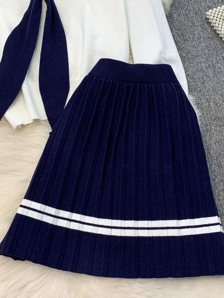 College style sweet lace-up lapel collar single breasted knitted top+high waist slimming striped pleated skirt two-piece set