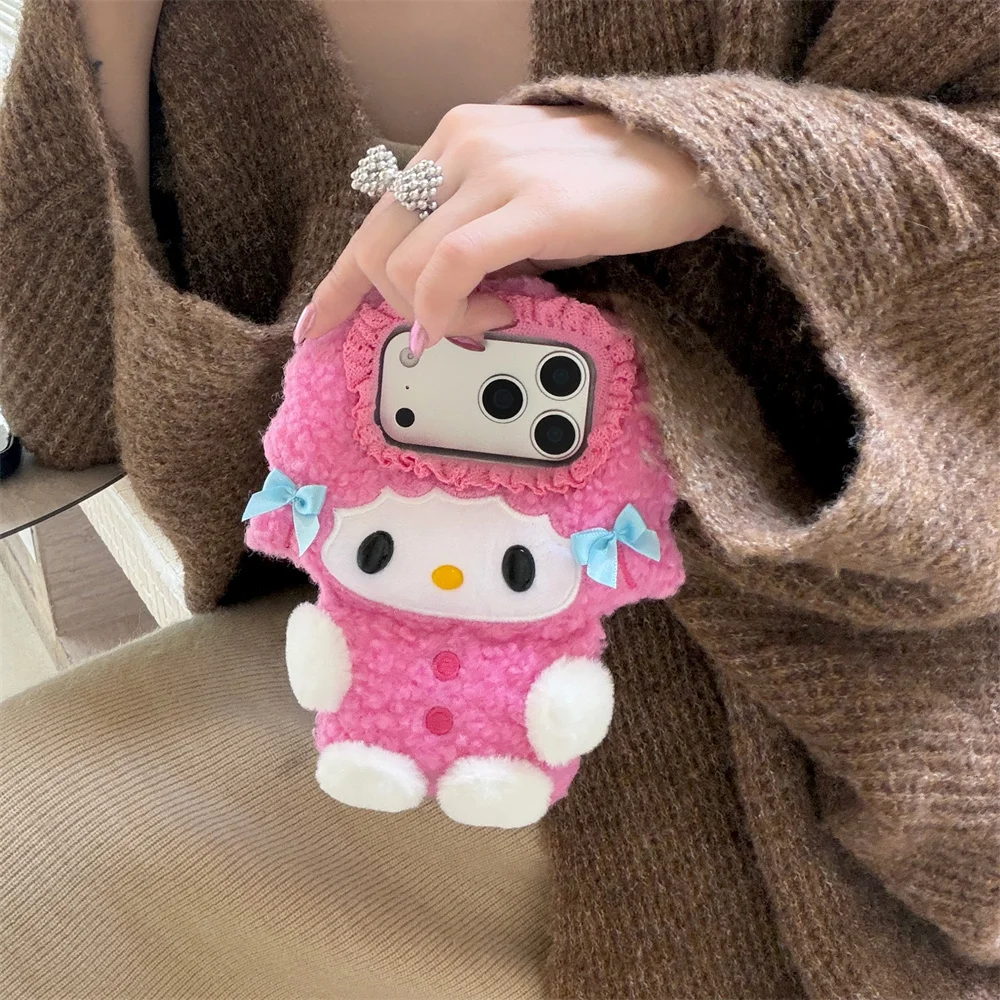 

Kawaii Furry 3D Melody Phone Case for iPhone 15 Pro 14 16 17 Pro Max Cover Warm Fluffy Plush Shockproof Fundas For Apple 16 Max