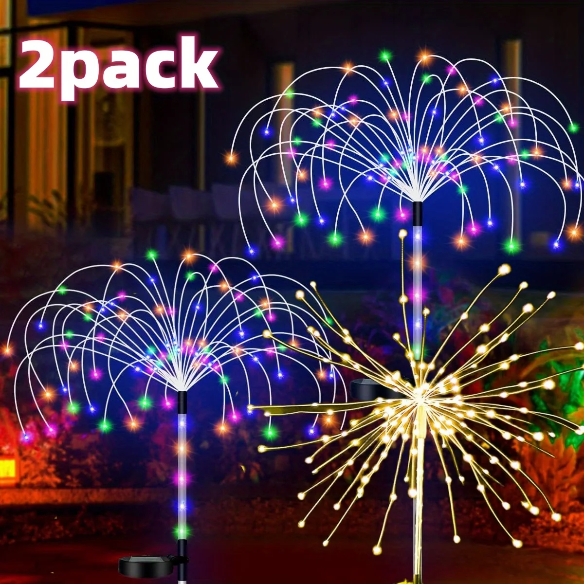 2Pcs LED Firework Lights Solar Power Decor Fairy Light Waterproof Outdoor Lawn Lamp for Patio Garden Xmas Wedding Light