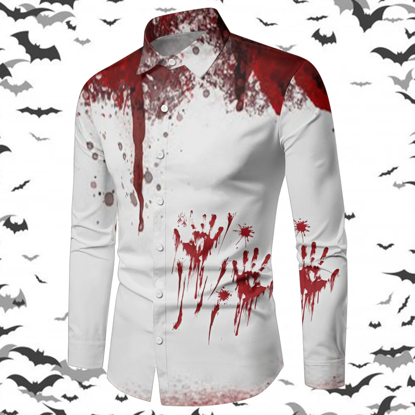 Men'S Halloween Long Sleeve Shirts Blood Handprint Printed Shirt Personalized Customized Festive Eerie Blood Scarred Lapel Tunic