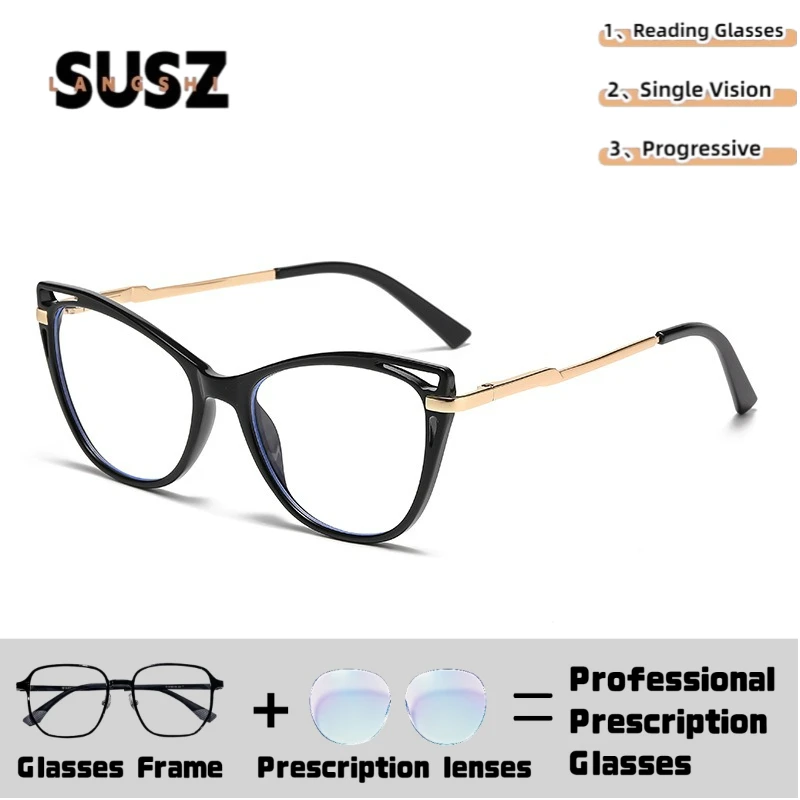 LS-SUSZ Ultralight Cat-eye Frame Reading Glasses Multifunctional Optical Prescription Myopia Glasses Women Blue Light Blocking