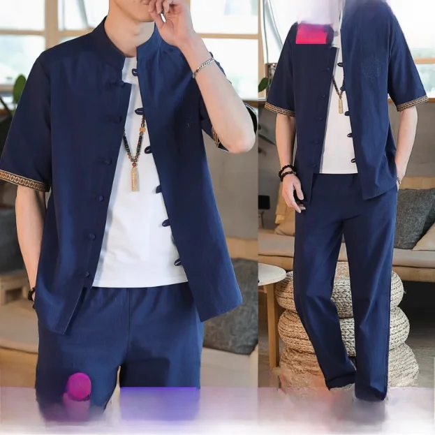 chinese-medicine-massage-technician-men's-workwear-summer-short-sleeve-long-pants-shirt-set-for-spa-and-wellness-center