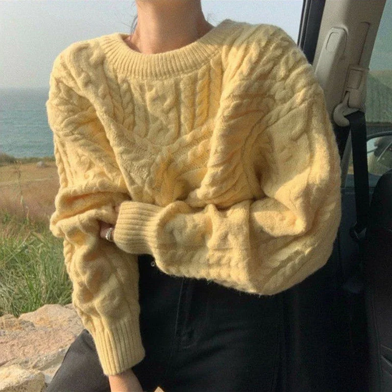 Autumn Winter Lazy Style Pullover Tops Women Vintage Pink Twist Cropped Sweater Woman Fashion Warm Loose Cozy Knit Sweaters V757