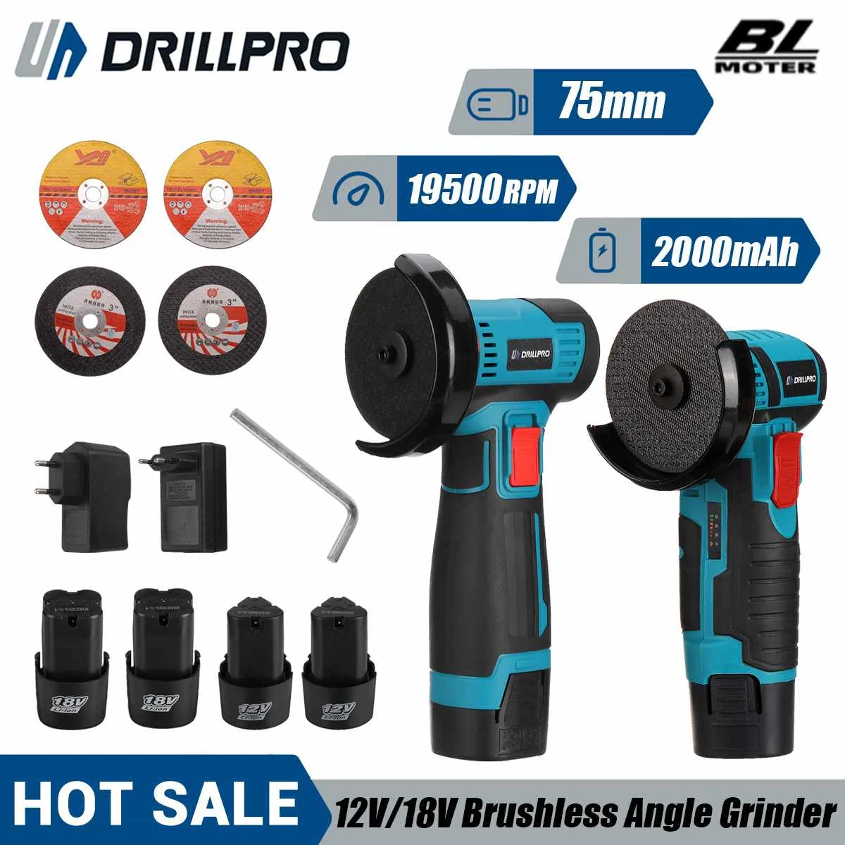 

Drillpro 12V /18V Brushless Angle Grinder 75MM 19500rpm Electric Polishing Grinding Mini Cordless Diamond Cutting Disc Grinder