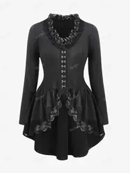 ROSEGAL Plus Size Gothic Coats Black Textured Floral Lace Trim Hook And Eye Ruffles Asymmetric Jackets Women Fall,Spring Outwear