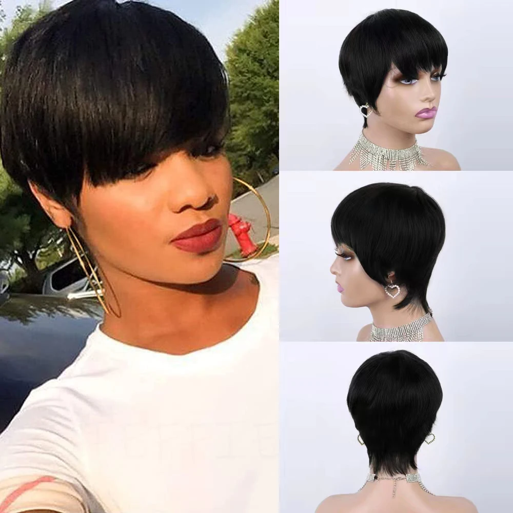 

Short Human Hair Wigs for Black Women Short Straight Wig with Bangs Brazilian Virgin Hair Pixie Cut Wig Cheap Human Hair Wigs