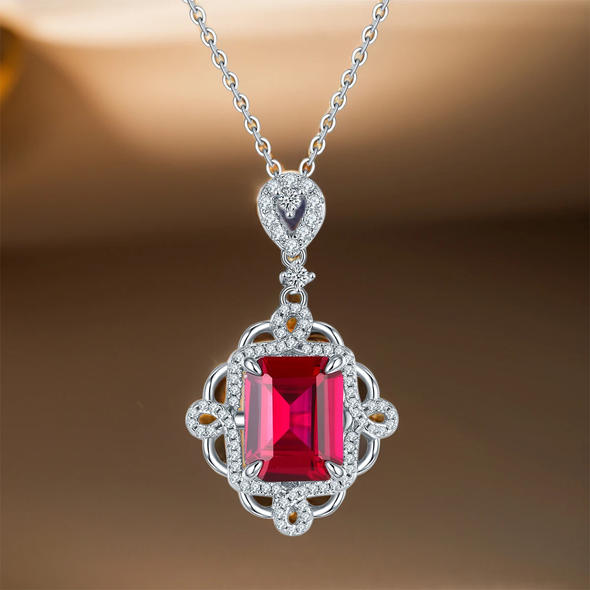 Rectangular Cultivated Ruby Pendant S925 Sterling Silver Classic Elegant Artificial Gem Zircon Necklace For Ladies Wedding