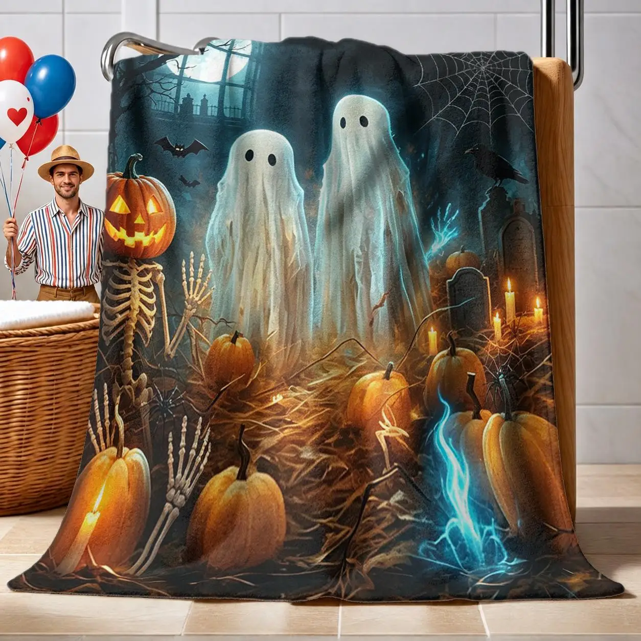 Themed Blanket Suitable for Haunted Houses, Parties & - Soft Flannel Bedspread/Throw with Ghosts, Pumpkins, Bats & Black Cats Patterns 280Gsm All-Cozy Bedding for Year-Round Use, Multi-Decorative Throw