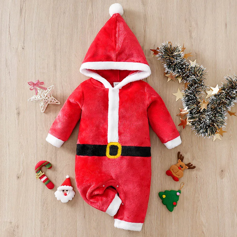 Christmas Festival  Baby Costume Romper HoodedLovely Newborn Boy Girl Onesie Father Christmas Winter Warmth Trendy Soft Casual