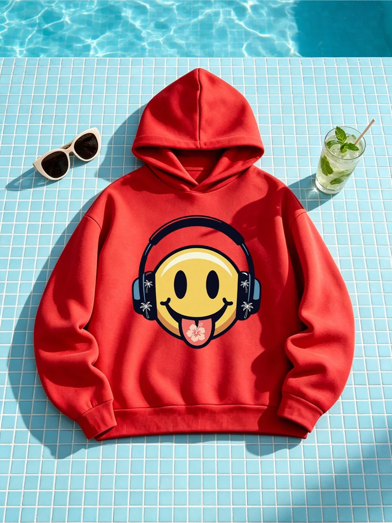 [Girls' Funny Hoodie] Girls' Hoodie with Funny Smiling Face Earphone Pattern - Autumn Winter Cute Outfit - Surprise Gift Choice
