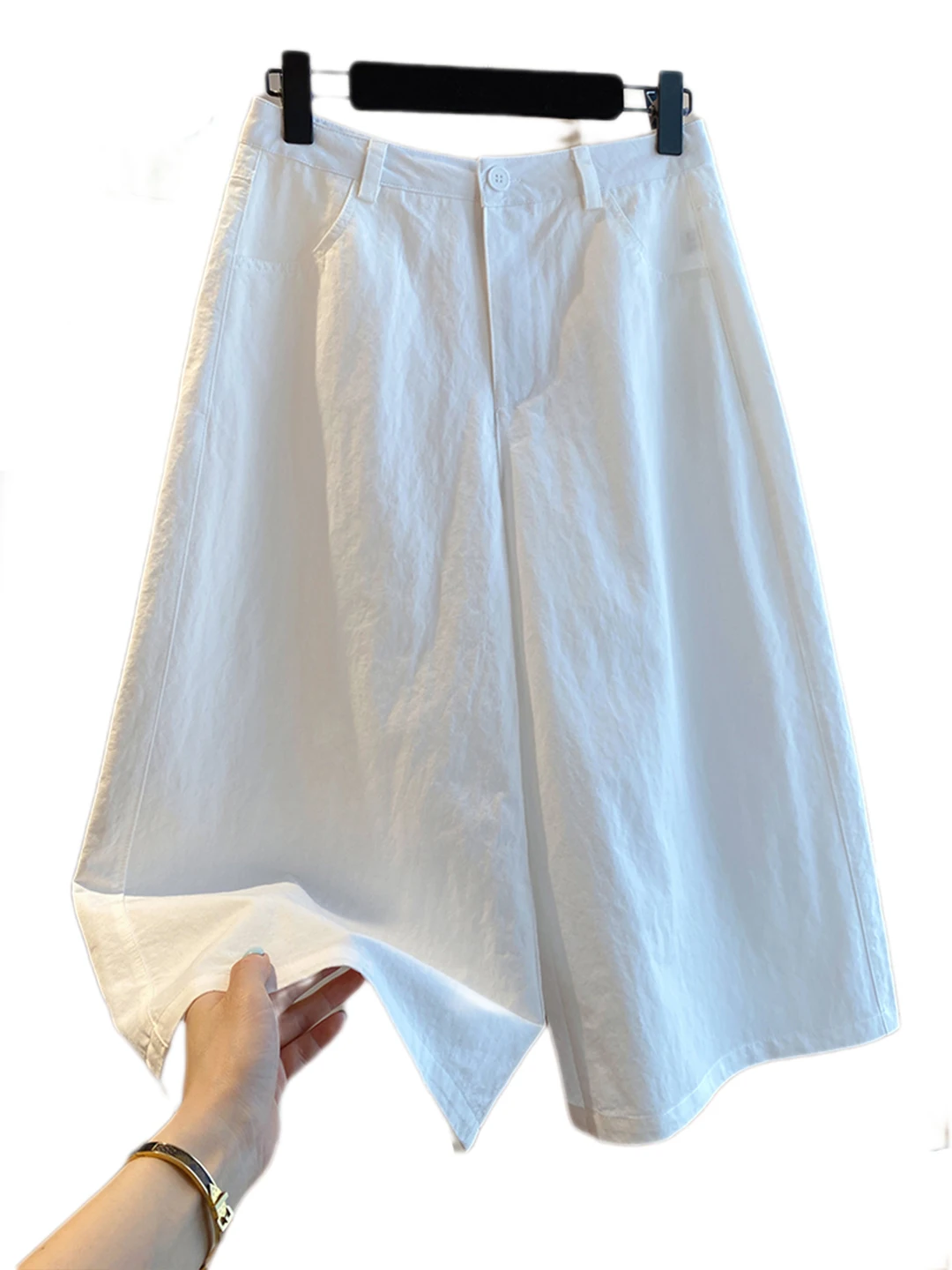 Białe szerokie spodnie damskie letnie cienkie z wysokim stanem luźne codzienne proste wyszczuplające do połowy łydki do pracy