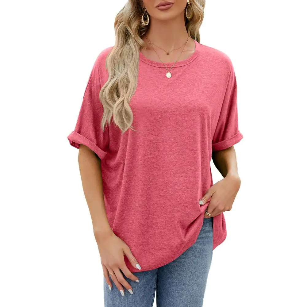 

Summer Women T-shirt O-neck Short Sleeve Loose Tee Shirt Tops Solid Color Mid-length Pullover Tops Tshirt