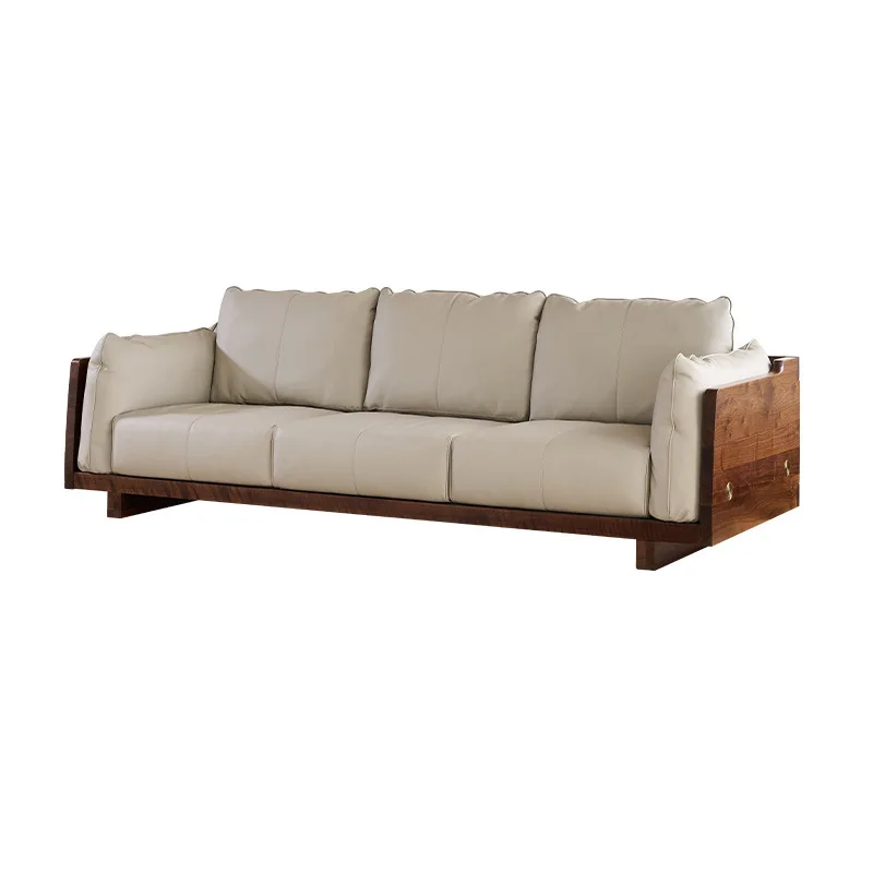 

North American black walnut leather sofa combination modern simple small apartment straight row sofa villa living room furniture