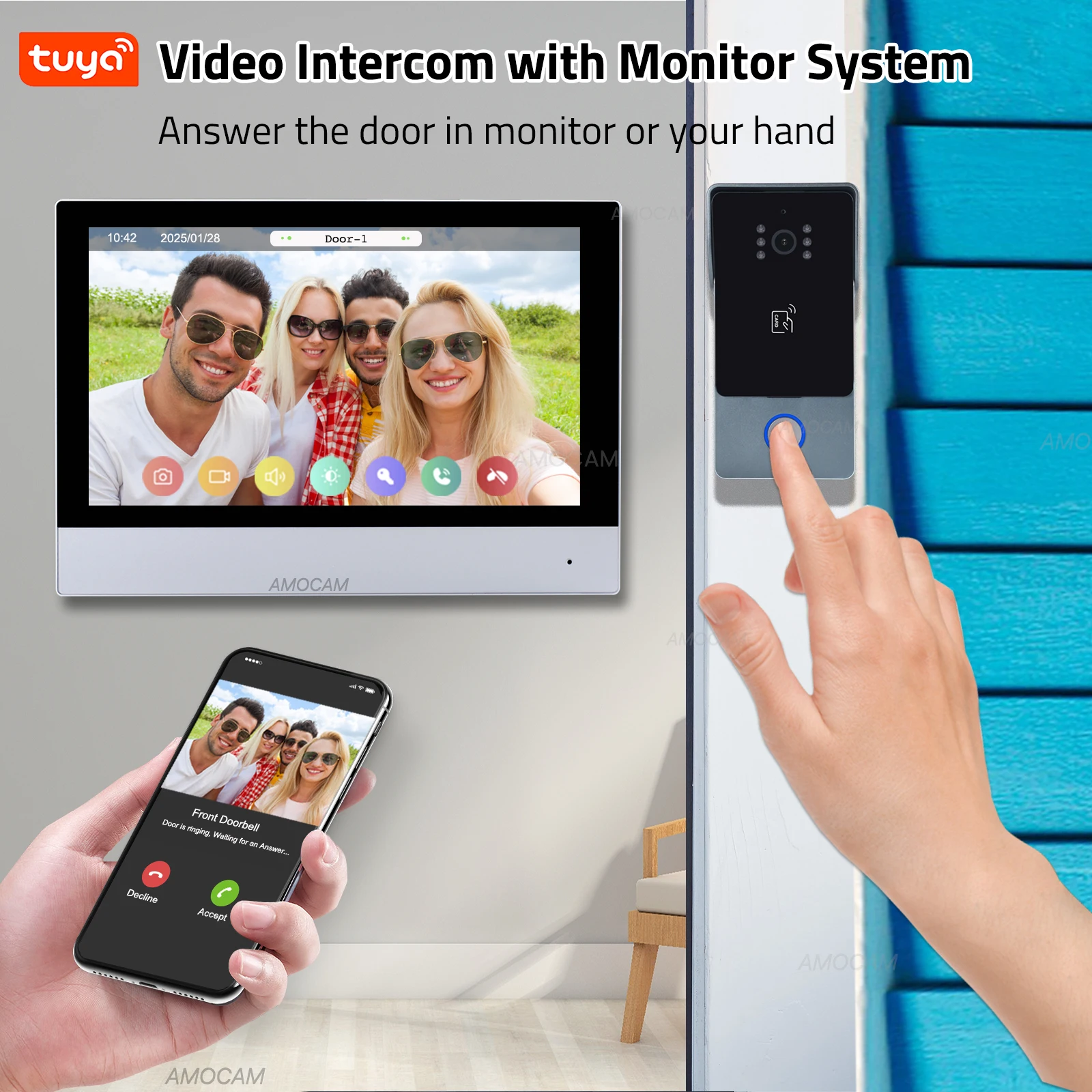 نظام اتصال داخلي عبر الفيديو بسلكين، جرس باب يتضمن شاشة عرض فيديو 1080 بكسل، شاشة WIFI لاسلكية مع بطاقة 32 جيجا، كاميرا هاتف الباب، بطاقة IC، فتح Tuya