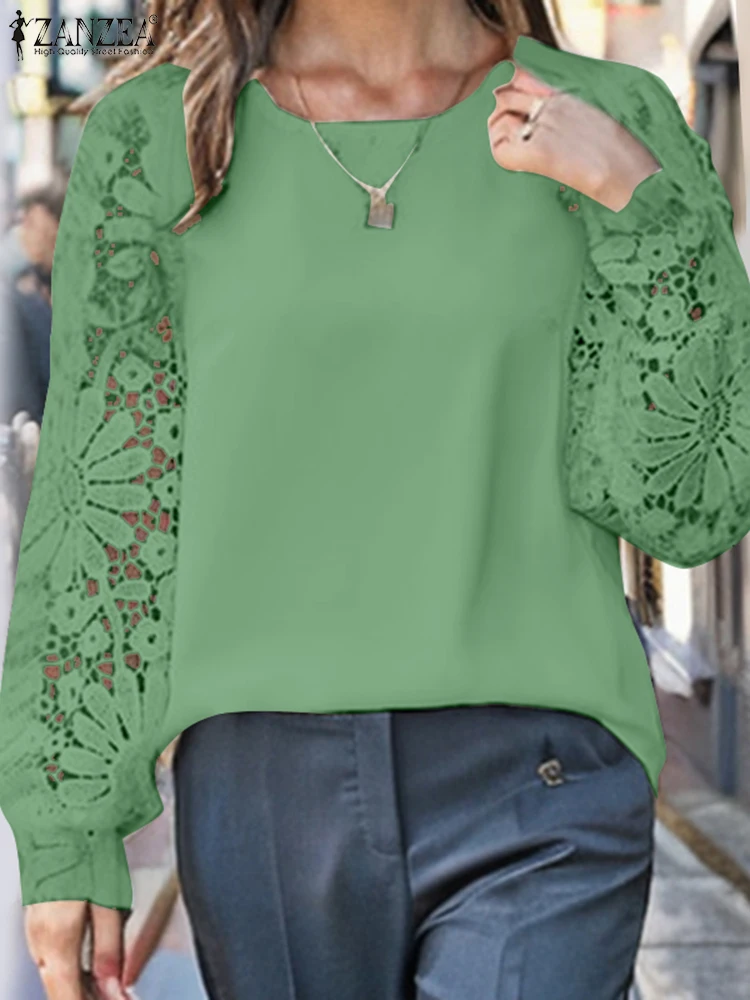 Elegant Women Long Sleeve Work Blouse Autumn Lace Crochet Shirt ZANZEA Bohemain Patchwork Holiday Blusas Spring Office OL Tops