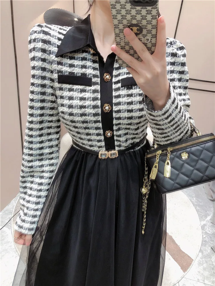 Autumn Women Mid-length Elegant Tweed Mesh Patchwork Fake Two Dress Temperament Plaid Shirt Collar Belt Long Dress Robes