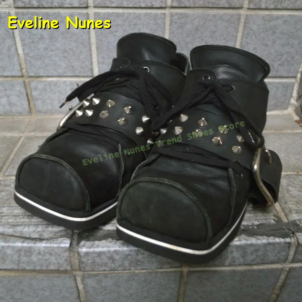 Square Toe Thick Sole Pu Leather Shoes Black Rivet Belt Buckle Pumps 2026 Spring Summer New Arrivals Lace Up Couple Casual Trend