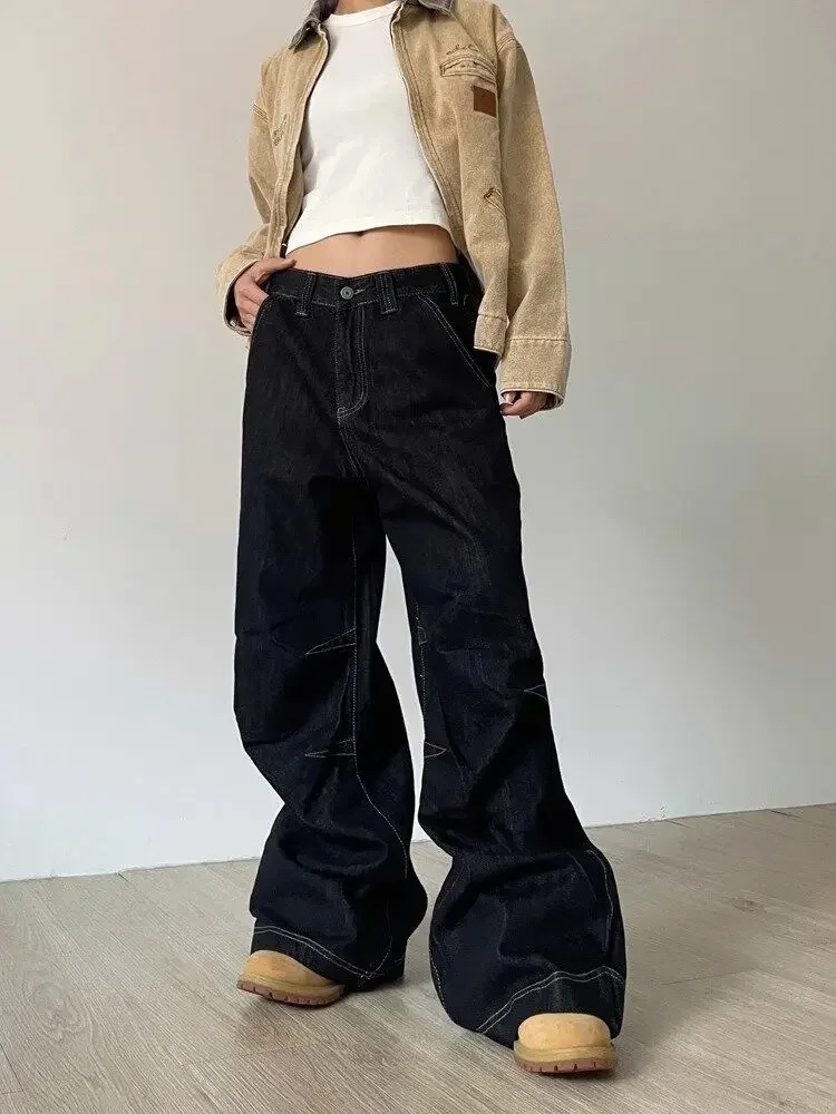 Deeptown Grunge Black Jeans Women Y2k Vintage Oversized High Street Wide Cargo Denim Trousers Casual Baggy Straight Denim Pants