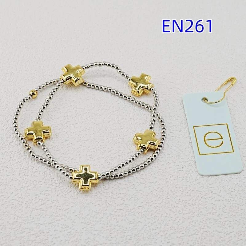 

YEEVAA Two-Tone Cross Charm Stretch Beaded Bracelet Set, Silver & Gold Ball Chain Stackable Bracelets for Women