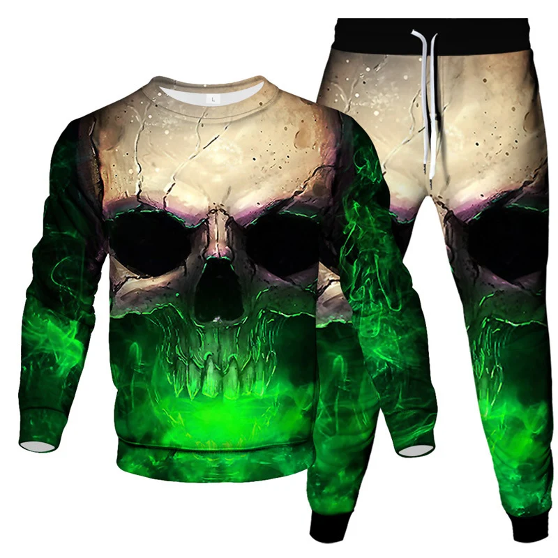 Fashion Skull Fire 3D Print Men\'s Sportswear Set Casual Long-Sleeved T Shirt Pants 2-Piece Set Oversized Pullover Men Clothing