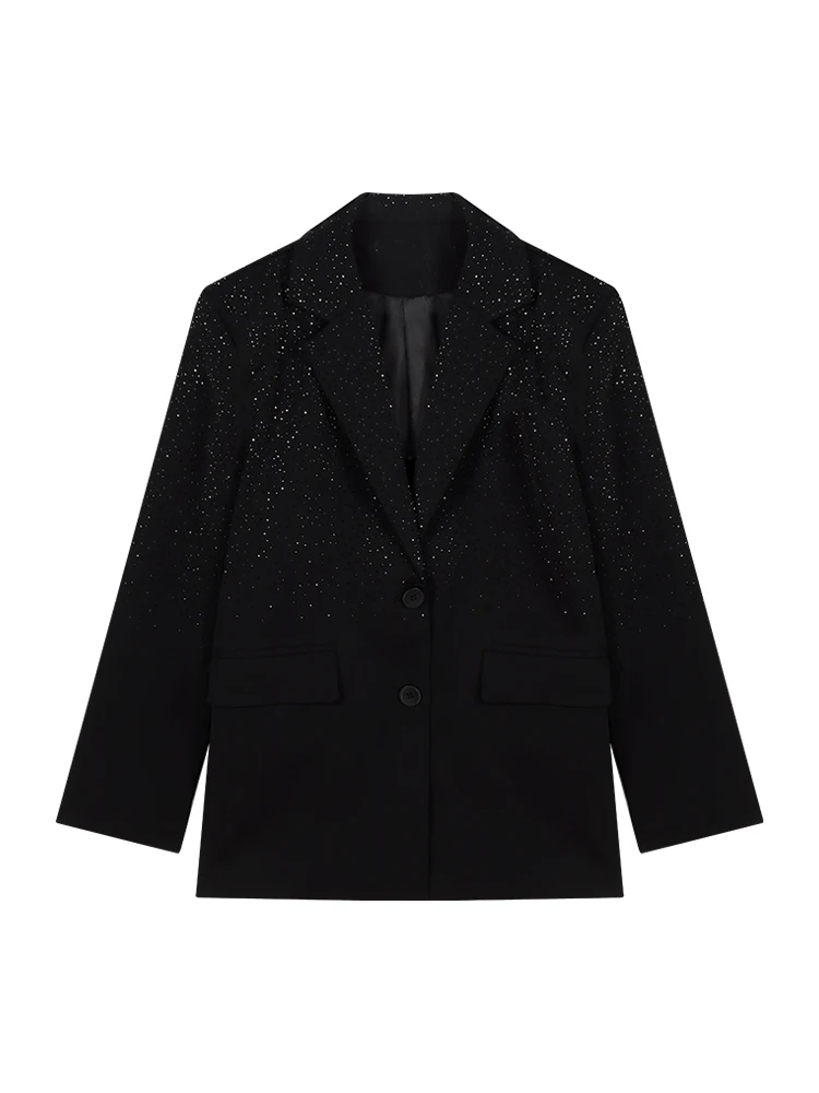 Hot Drilling Black Suit Jacket 2024 New Spring Autumn All-match Loose Outwear Elegant Single-breasted Casual Women Blazers Coat