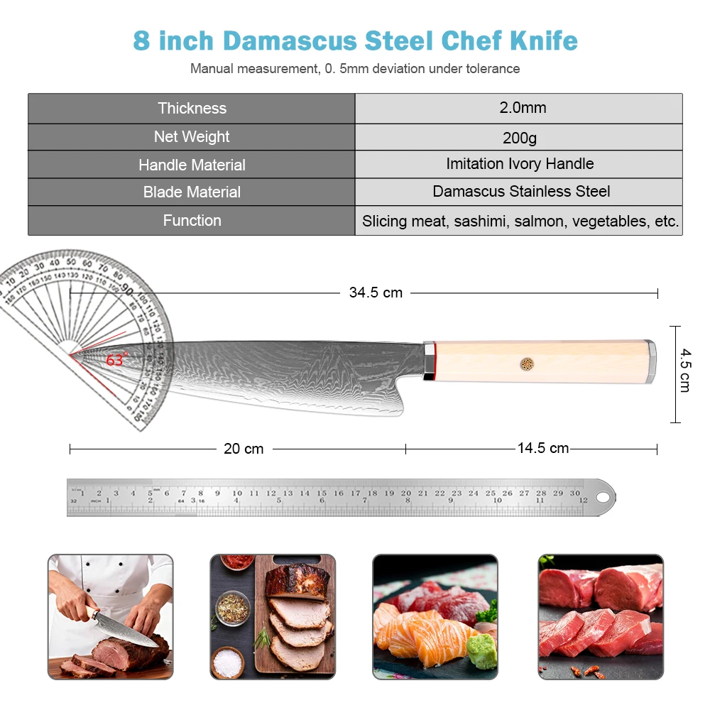 XITUO Japanese Damascus Steel Chef Knife 8“ Sharp Full Tang Forged Cooking Knife Slicing & Dicing Knife lmitation lvory Handle