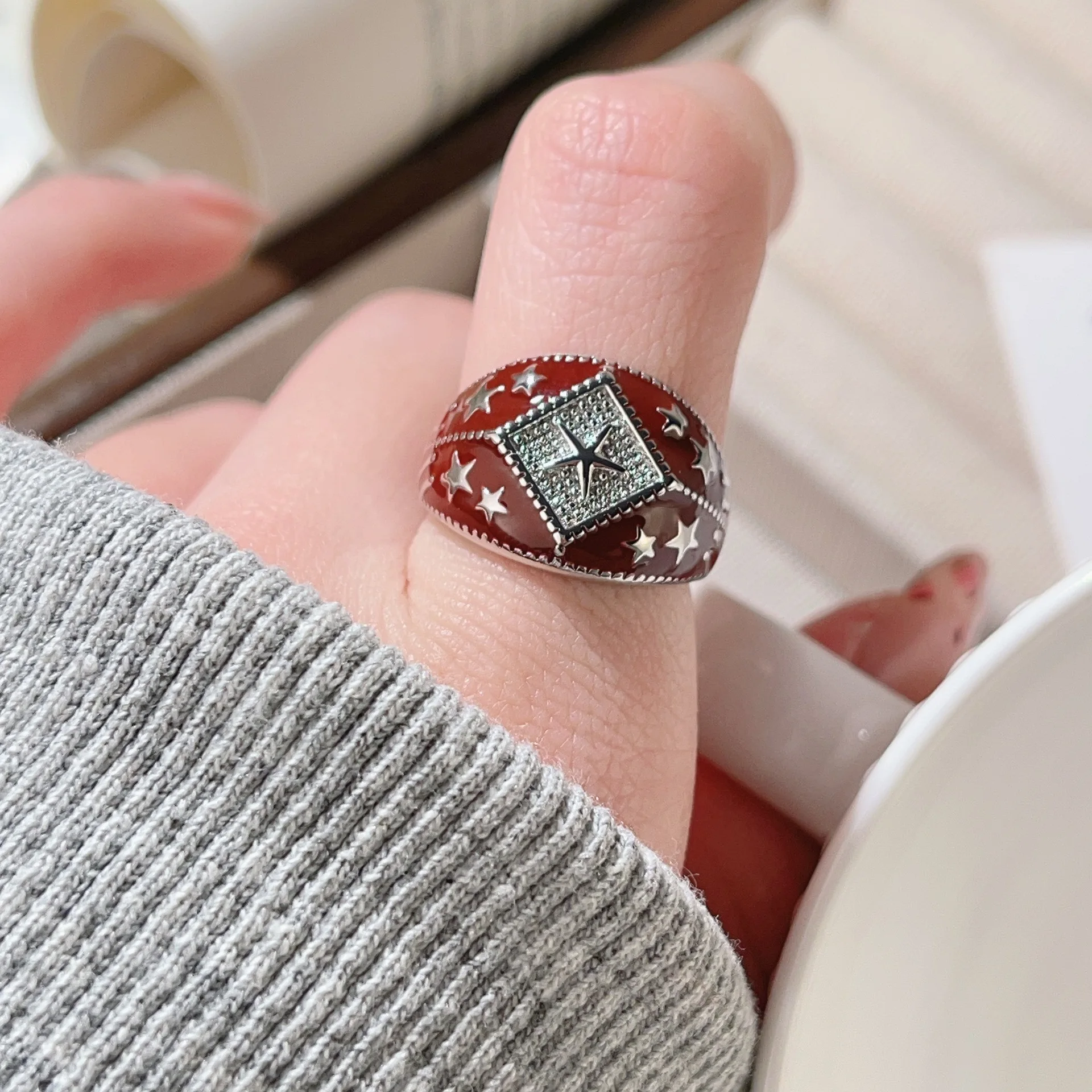 Sam Panda 925 Sterling Silver Mid Ancient Style Star Ring For Women Heavy industry Versatile Jewelry Party Gift Dropship