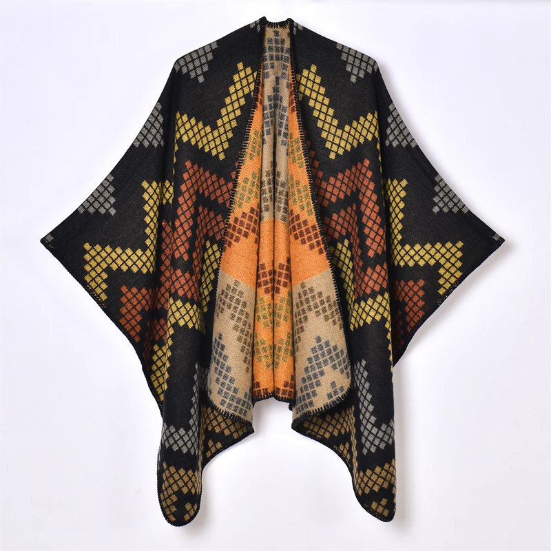 Cashmere Poncho Women Man Stripe Jacquard Scarf Winter Warm Shawl Cape Pashmina Female Warm Shawl Blanket Stole Cloak