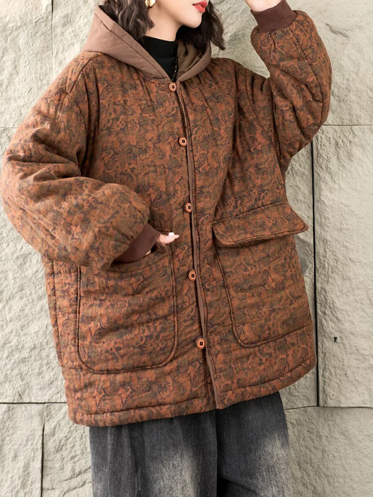 Mass Wasss 2025, Winter, warme, florale Baumwollmäntel, Damen, bedruckt, übergroße Parkas mit Kapuze, Damen, verdickt, Vintage-Punk, gepolsterte Jacke